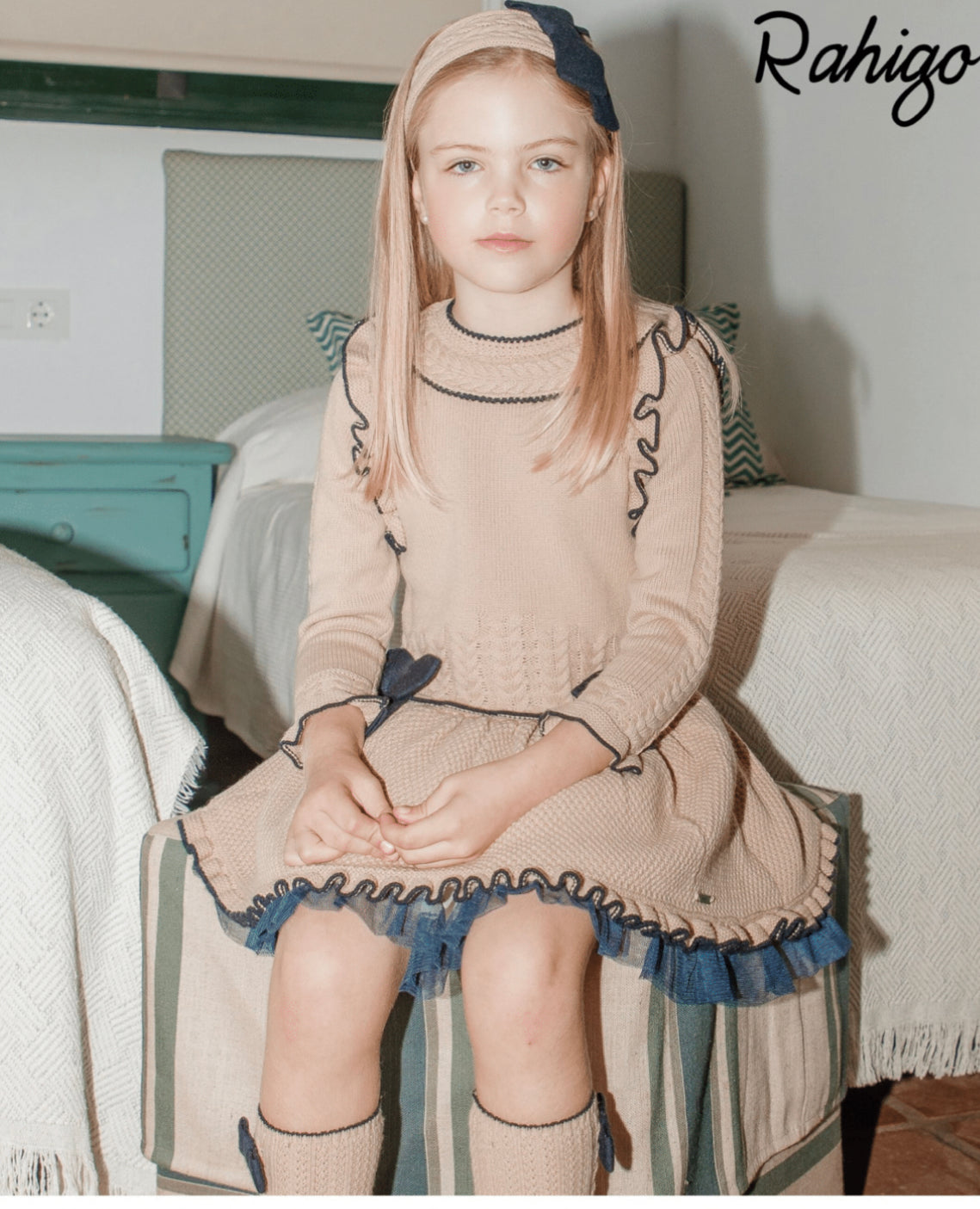 Rahigo AW23 Girls Dropwaist Dress in Camel/Navy - 23254