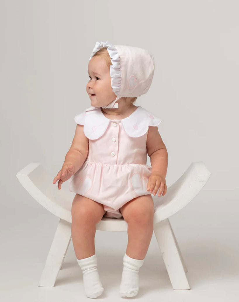 Caramelo SS23 Scallop Romper & Bonnet Set in Pink