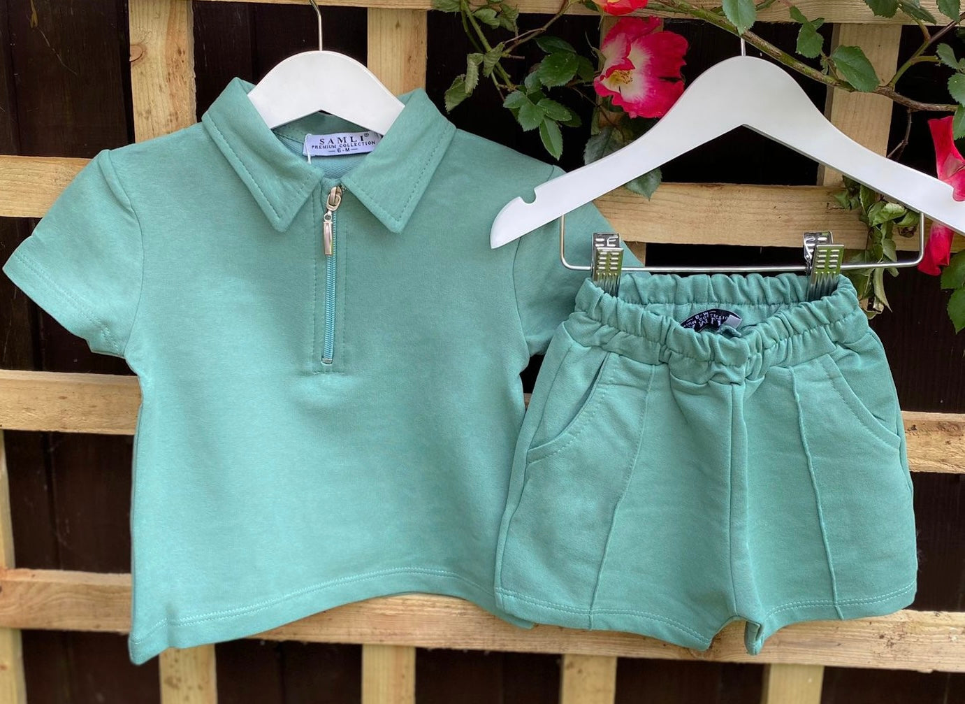 Boys Zip Collar Top & Shorts Set in Sage Green