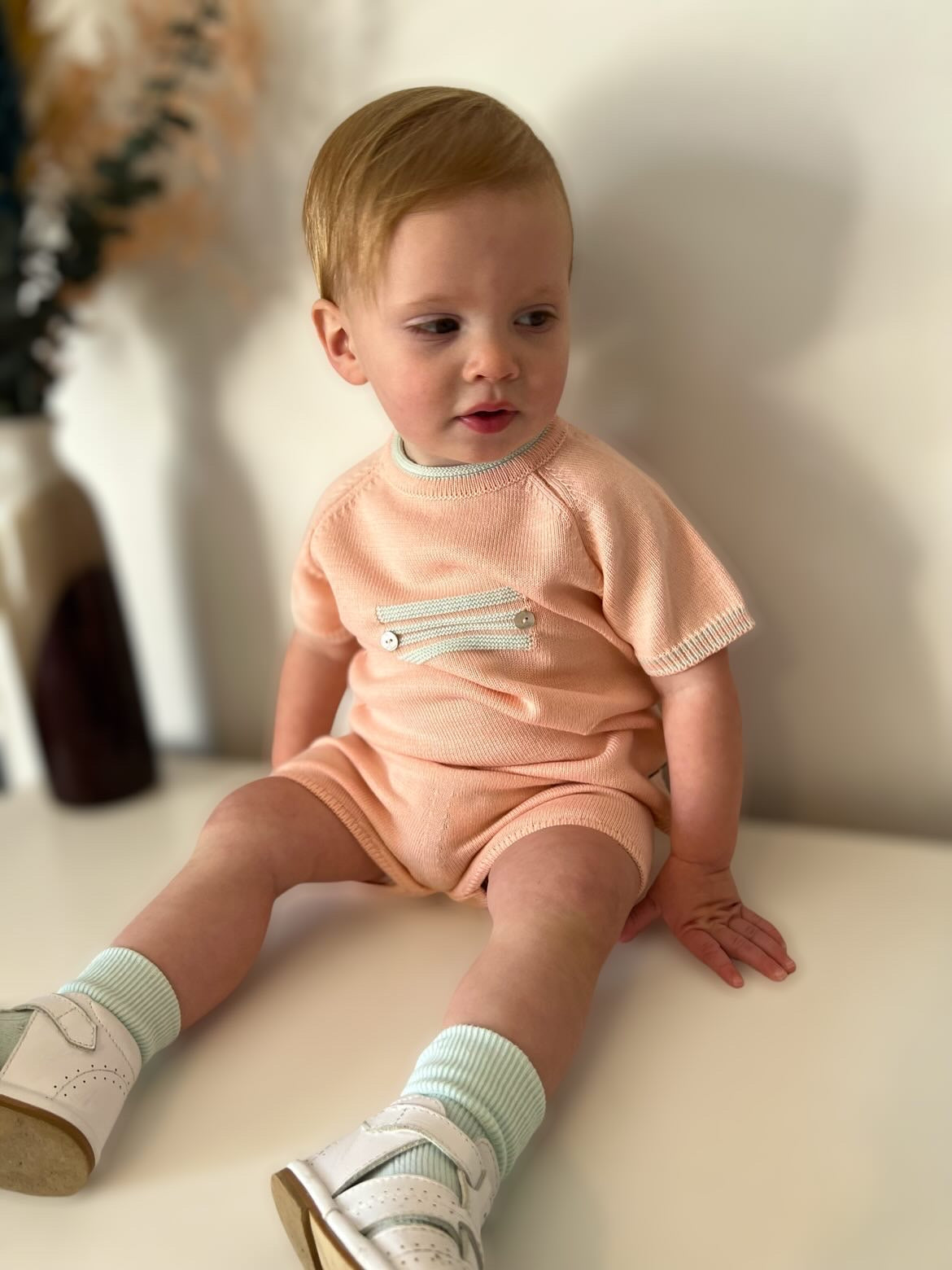 Granlei SS22 Boys Contrast Shorts Set in Peach with Mint Trim