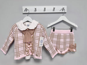 Rahigo AW23 Girls 3pc Shorts, Shirt & Cardigan Set in Pink/Camel  - 23219