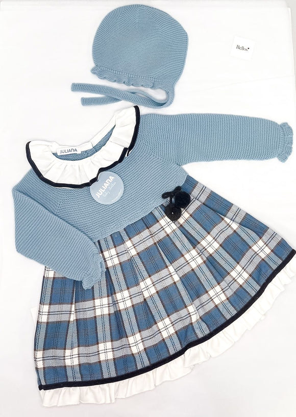 Juliana AW23 Blue Cloud Check Dress & Bonnet Set - J8160