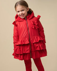 Caramelo AW23 Bow Ruffle Pleated Coat in Red - 262347