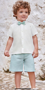 Boys White shirt & Aqua short with bow tie- 24186