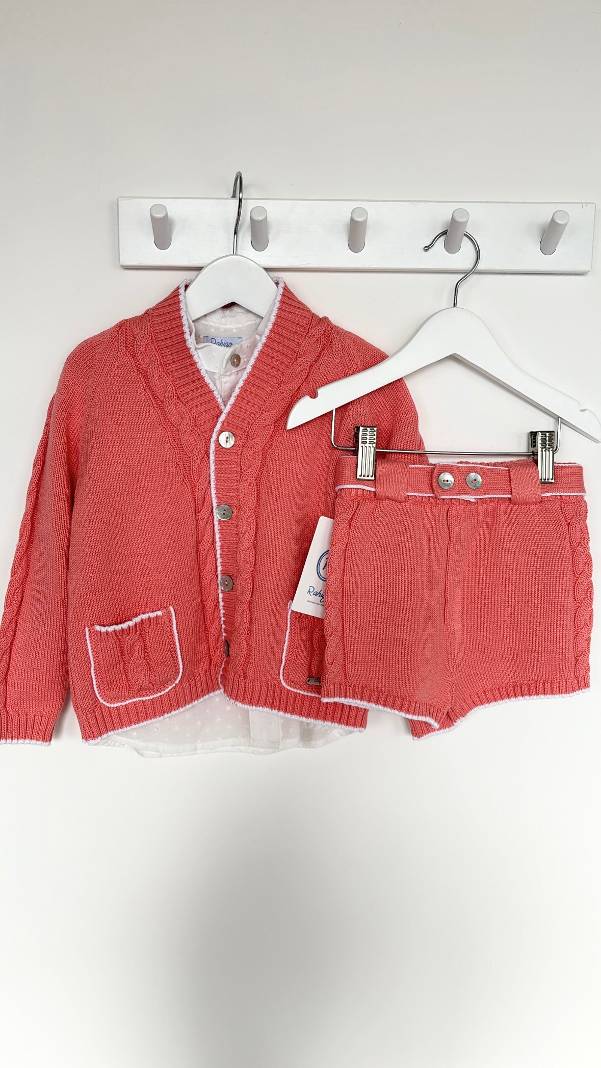 Rahigo SS24 Boys 3 piece set shorts, shirt & Cardigan in salmon & white - 24183