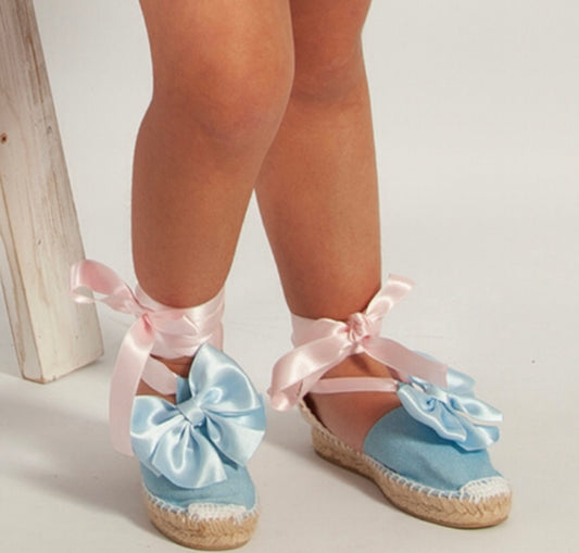 Sonata Bow baby blue shoes with baby blue bows and pink bands