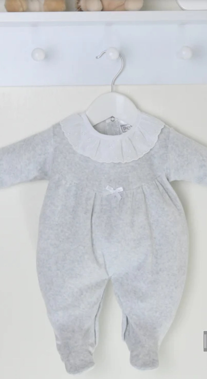 PEX- Broderie Collar Silver Velour Sleepsuit