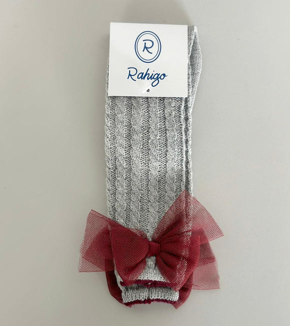 Rahigo AW23 Girls Bow Socks in Grey/Burgundy - 232113