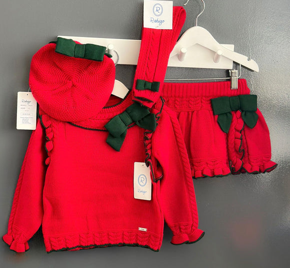 Rahigo AW23 Girls 2 Piece Skirt Set in Red/Bottle Green - 23257