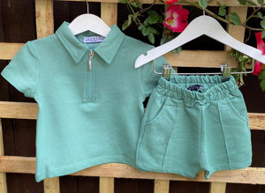 Boys Zip Collar Top & Shorts Set in Sage Green