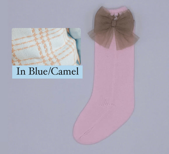 Rahigo AW23 Girls Tulle Bow Socks in Blue/Camel - 23216