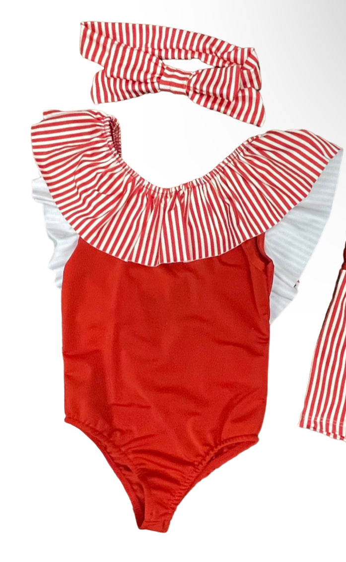 Girls Red Stripe Swimsuit & Headband