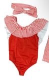 Girls Red Stripe Swimsuit & Headband