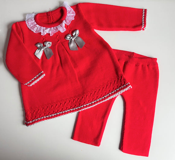 Girls Spanish Knitted 2 Piece Set with Bows in Red/Grey