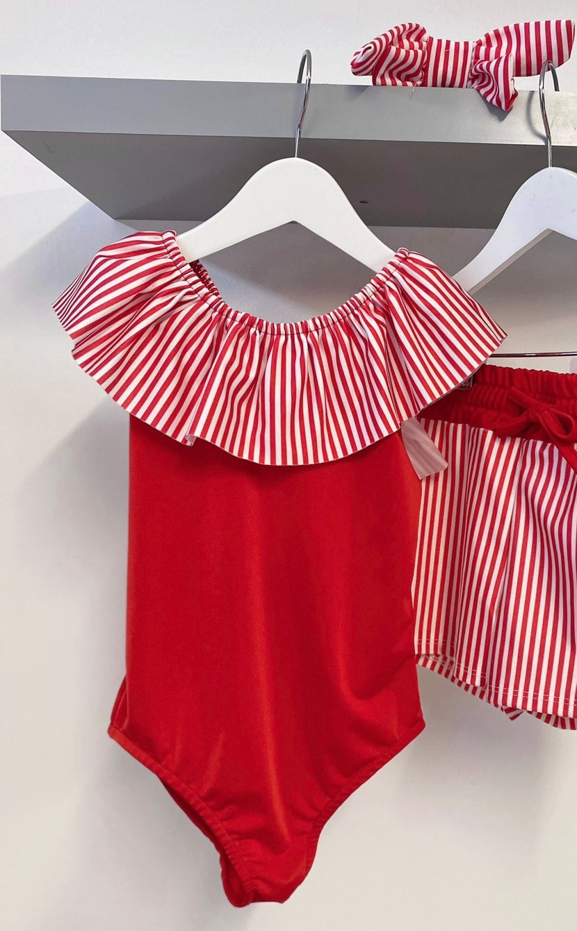 Girls Red Stripe Swimsuit & Headband