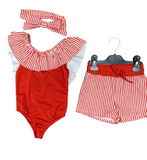 Girls Red Stripe Swimsuit & Headband