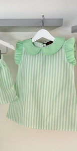 Girls Stripe Frill Sleeve Dress in Mint