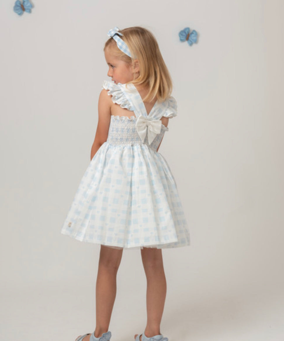 Caramelo Kids Heart Checked Dress & Headband in Blue