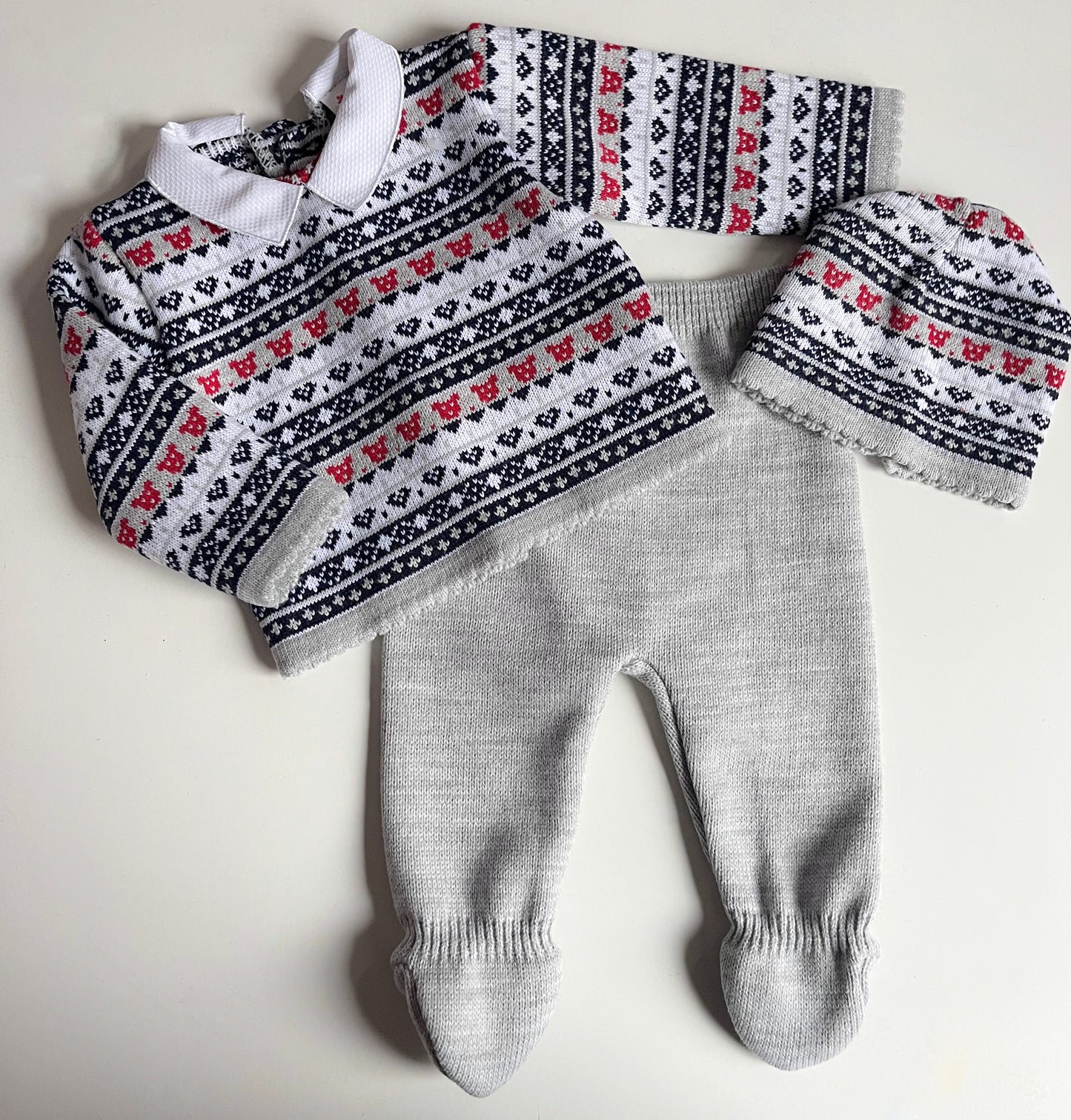 Boys Winter Teddy Print Knitted Set with Hat in Grey