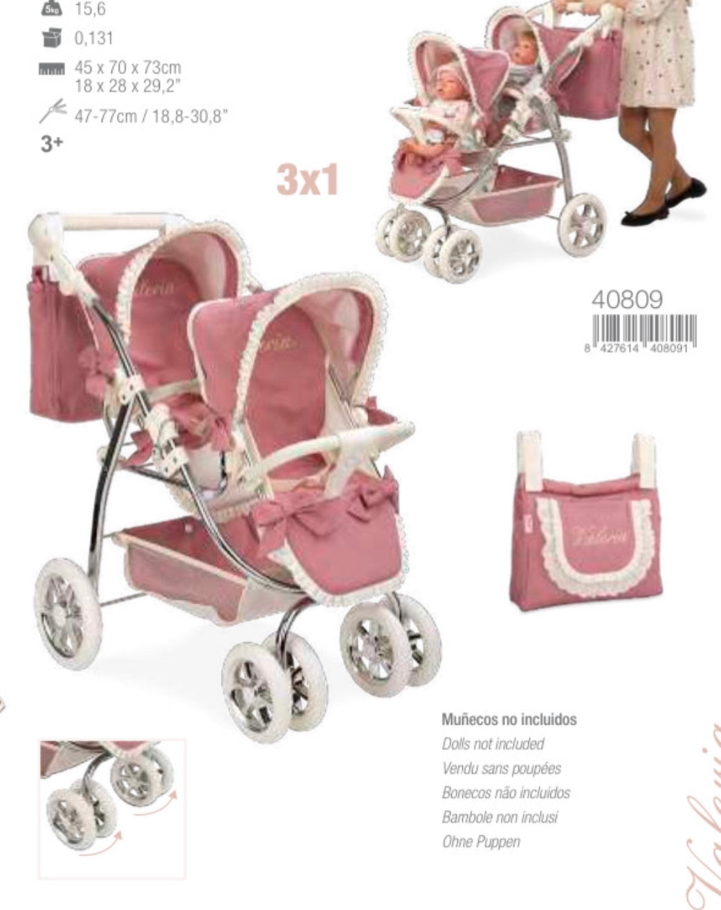 Spanish Dolls Double Pram with Bag “Valeria”