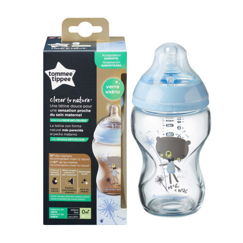 Tommee Tippee Closer to Nature Bottle 250ml Glass Blue Decorated