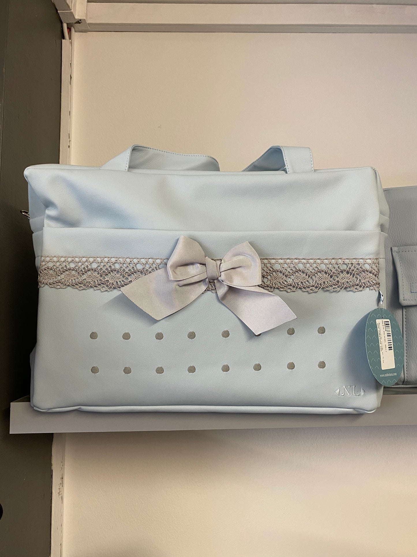 Spanish Nube Luna Changing Bag ‘Holly’ Blue with Grey Lace IN STOCK