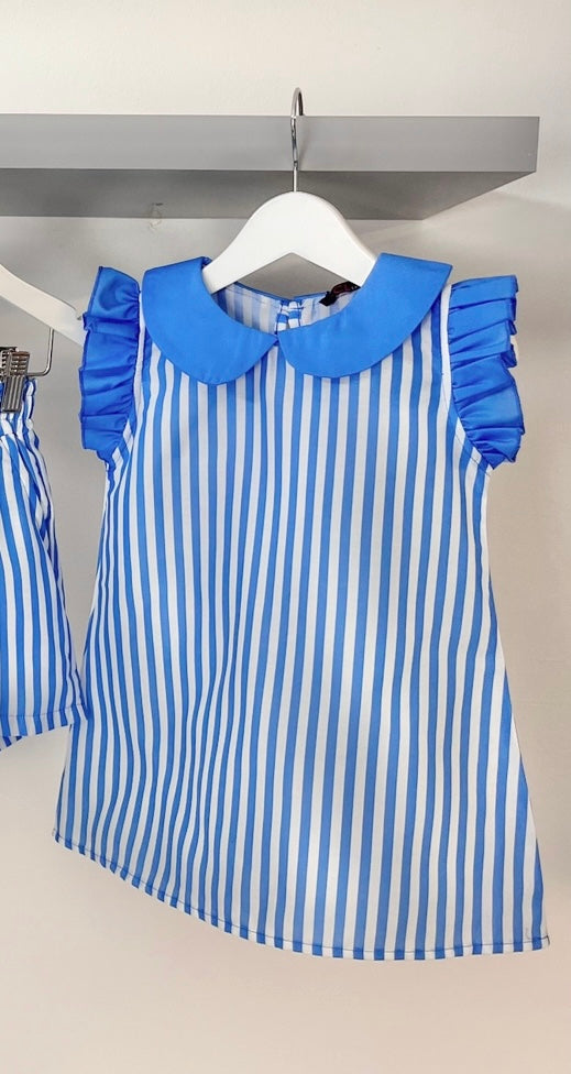 Girls Stripe Frill Sleeve Dress in Blue