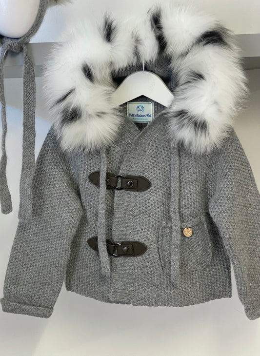 Petit Maison Kids Grey Cashmere Coat with White Print Trim