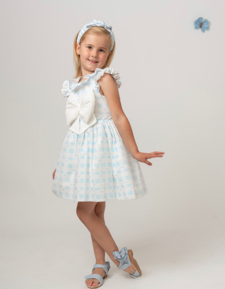 Caramelo Kids Heart Checked Dress & Headband in Blue