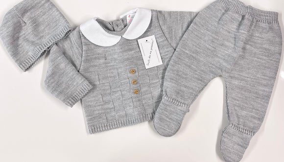 Baby Boys Knitted 3 Piece Set in Grey