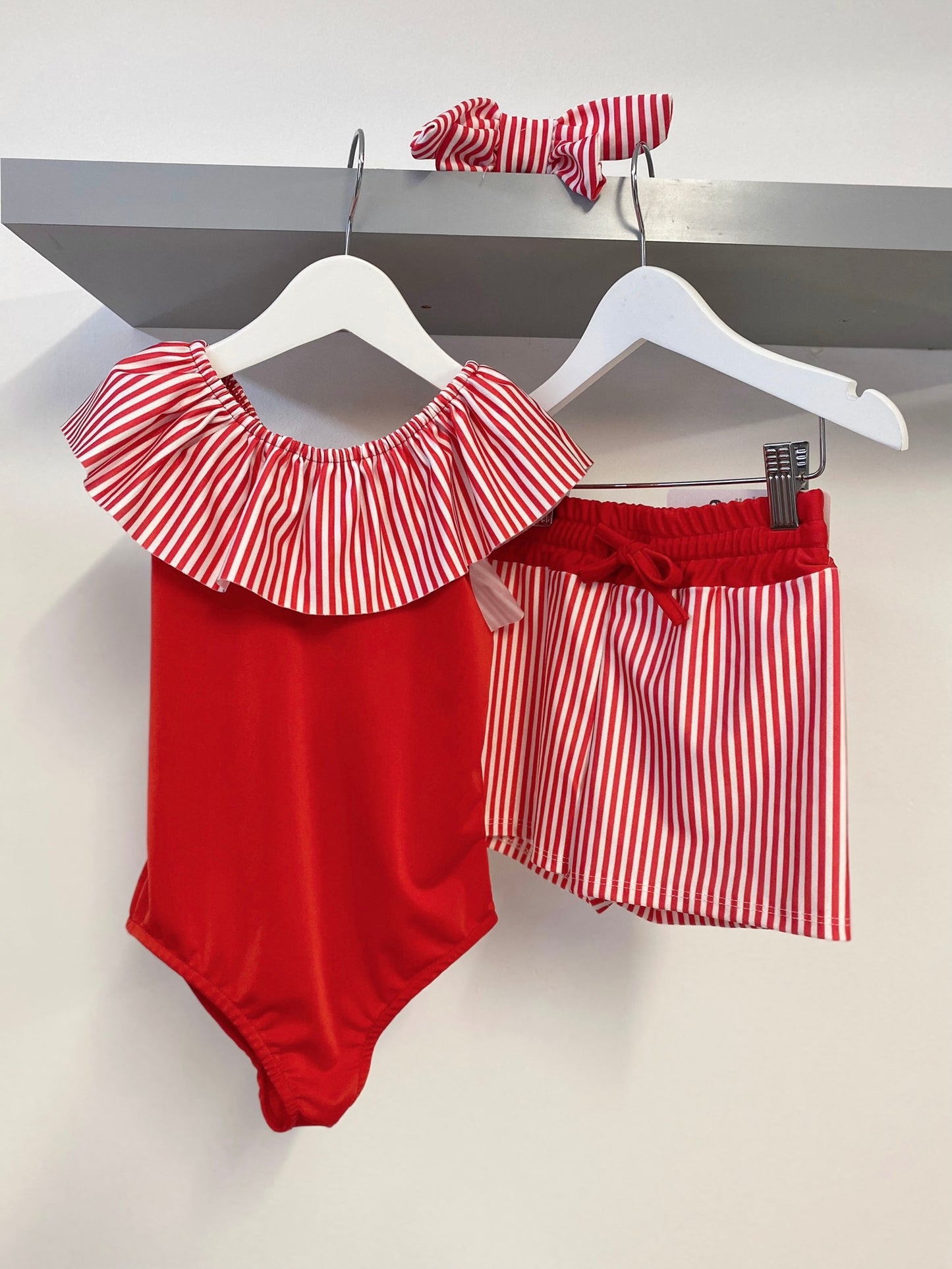 Girls Red Stripe Swimsuit & Headband