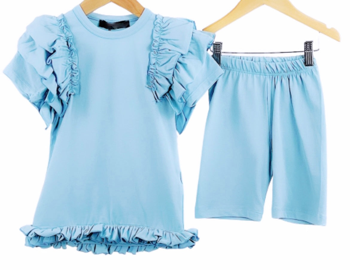 Girls Ruffle Top & Cycling Shorts Set in Blue