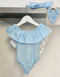 Girls Pastel Blue Stripe Swimsuit & Headband
