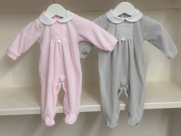 Babidu Smocked Velour Sleepsuit