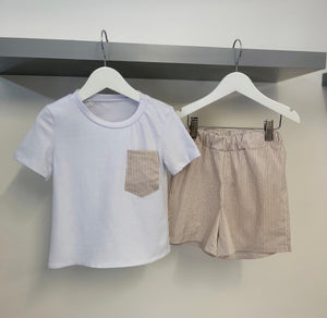 Boys Pocket T Shirt & Shorts Set in Beige