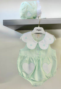 Caramelo SS23 Scallop Romper & Bonnet Set in Mint
