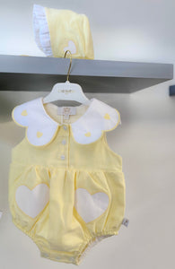 Caramelo SS23 Scallop Romper & Bonnet Set in Lemon