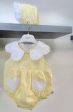 Caramelo SS23 Scallop Romper & Bonnet Set in Lemon