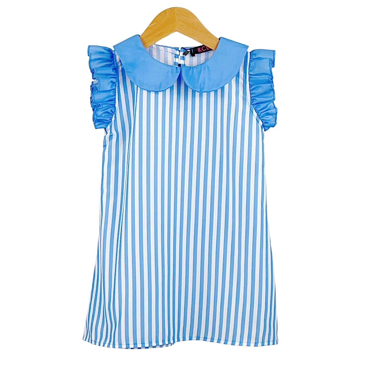 Girls Stripe Frill Sleeve Dress in Blue