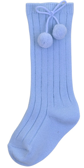 Knee High Pom Pom Socks Blue