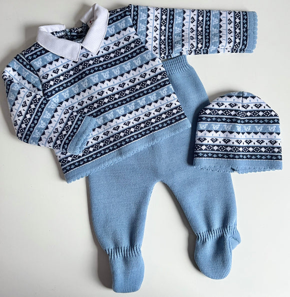 Boys Winter Teddy Print Knitted Set with Hat in Blue